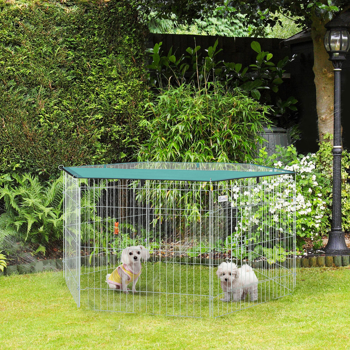 Parque para Animais de Estimação com 6 Painéis 59x60cm Dobrável Cerca para Animais de Estimação com Porta com Trava e Toldo Superior para Jardim Pátio Exterior Prata — foto 2