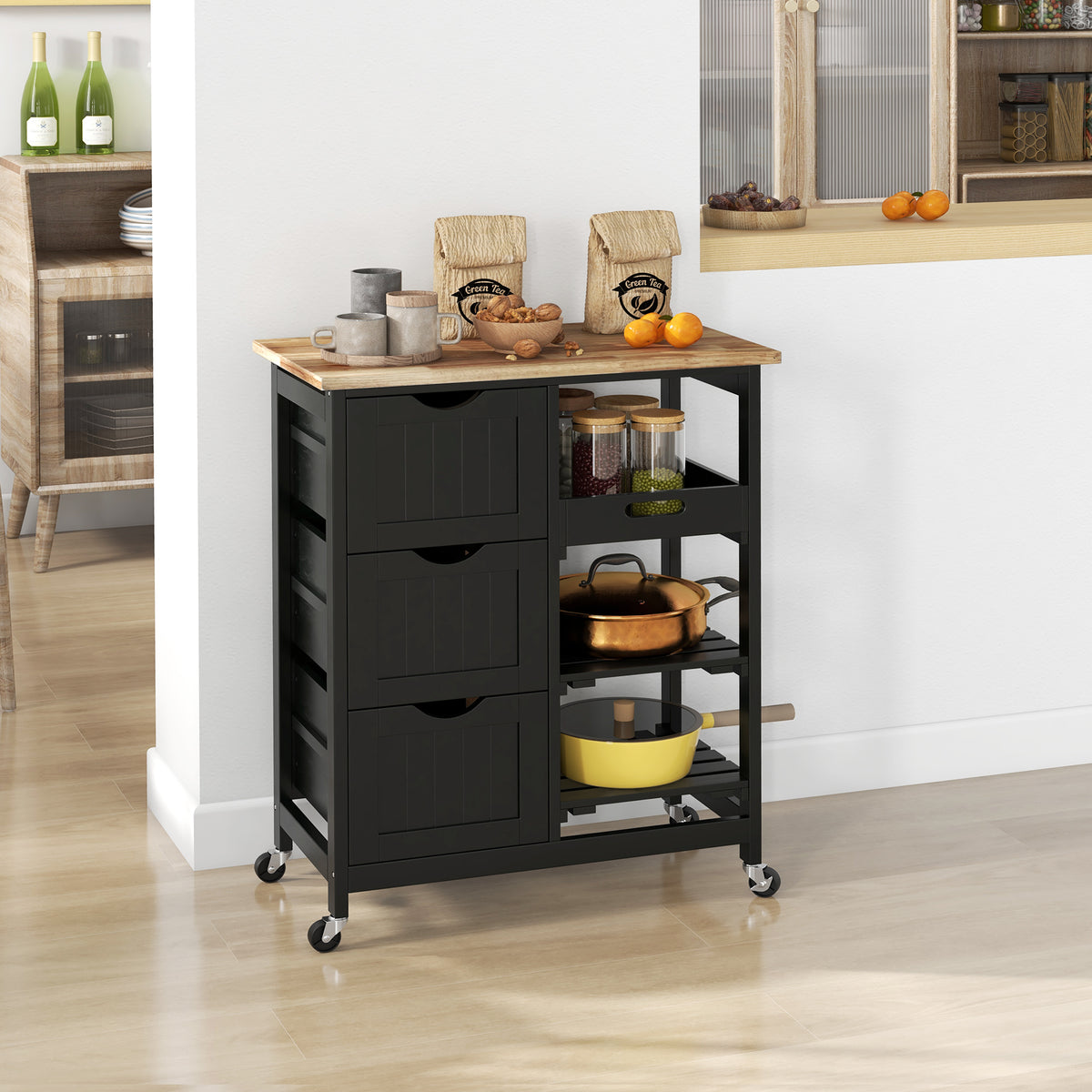 Carrinho de Cozinha com Rodas Carrinho de Serviço Multiuso com 3 Gavetas 2 Prateleiras Abertas e Bandeja para Sala de Jantar Sala de Estar 67x37x85,5 cm Preto — foto 2
