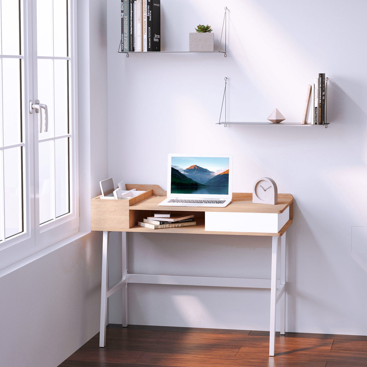 Secretária para Computador com Gaveta Prateleira Compartimentos Arrumação 100x55x81,5 cm Madeira e Metal — foto 2