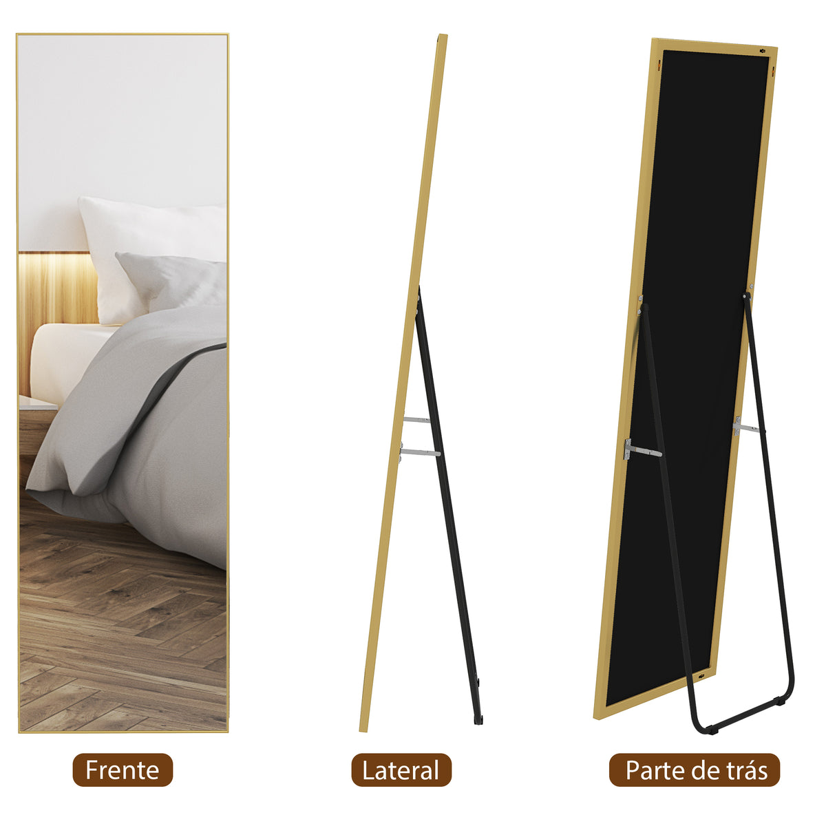 Espelho de Pé Espelho de Corpo Inteiro de Liga de Alumínio Espelho de Parede com 2 Formas de Utilização Forma Retangular para Corredor Dormitório Sala de Estar 50x161,5x2 cm Dourado — foto 4