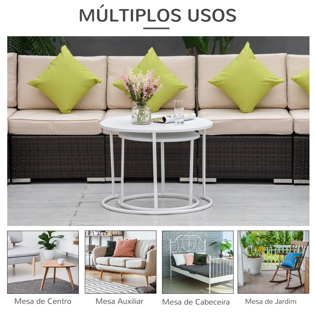 Conjunto de 2 Mesas de Centro Mesas Laterais Redondas de Metal para Sala Jardim Carga Máxima de 25 kg Φ70x50 cm Branco — foto 6