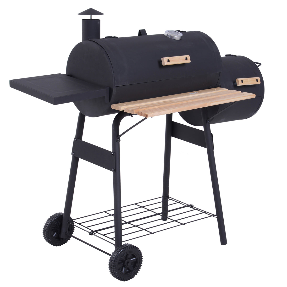 Barbecue a Carvão 2 em 1 Defumador e Grelha Barbecue com Termómetro Rodas e Prateleiras para Ar Livre Campismo Exterior 124x53x104cm Preto — foto 1