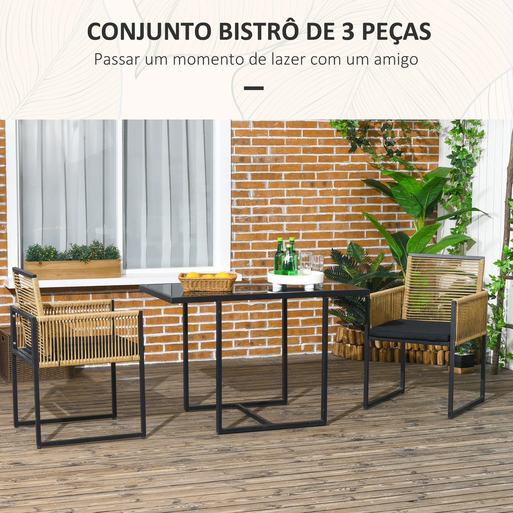 Conjunto de Mesa e Cadeiras de Jardim Conjunto de 3 Peças com 2 Cadeiras com Encosto Dobrável e Almofadas e Mesa de Vidro para Terraço Pátio Natural e Preto — foto 4