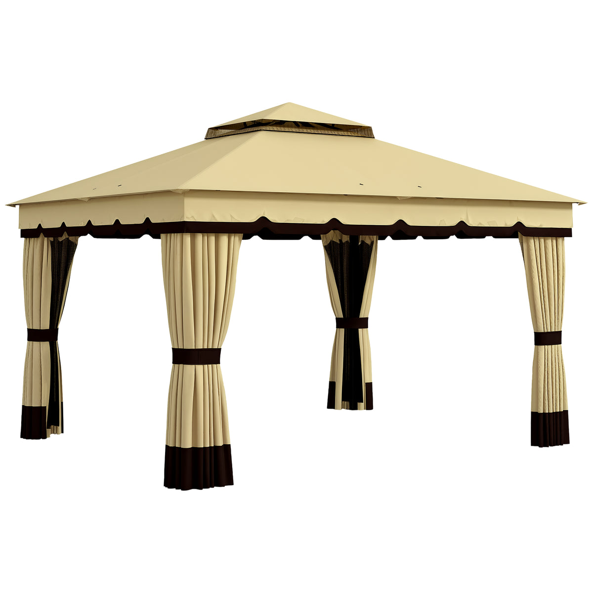 Pérgola de Jardim 370x300x275 cm Pérgola de Exterior com 4 Paredes Laterais 4 Mosquiteiros Teto Duplo Impermeável e Anti-UV para Terraço Pátio Praia Bege — foto 1