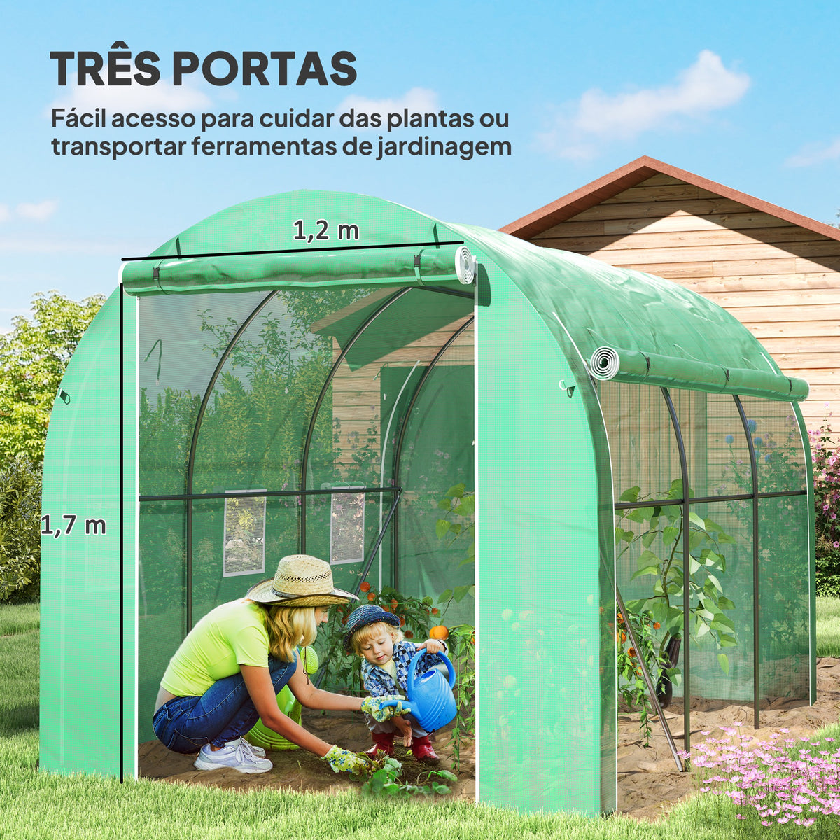Estufa Tipo Túnel 296x196x200 cm Estufa de Jardim com 3 Portas e 6 Janelas Enroláveis Estufa com Teto Curvo para Cultivo de Plantas Flores Verde — foto 5