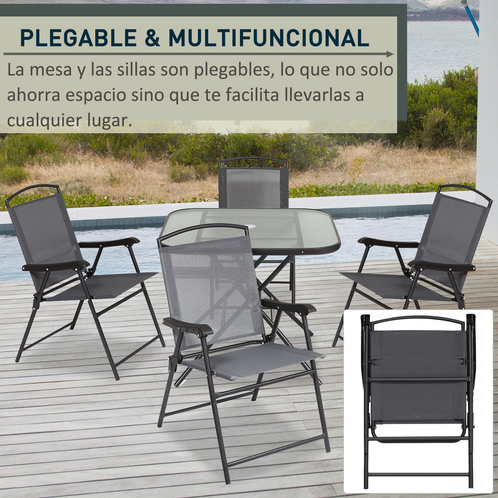5 peças jardim conjunto de jantar cadeiras dobráveis e mesas de café Móveis de exterior com furo de guarda-sois — foto 6