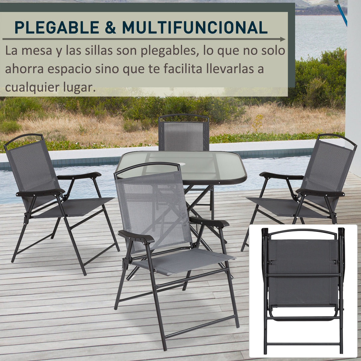 5 peças jardim conjunto de jantar cadeiras dobráveis e mesas de café Móveis de exterior com furo de guarda-sois — foto 6
