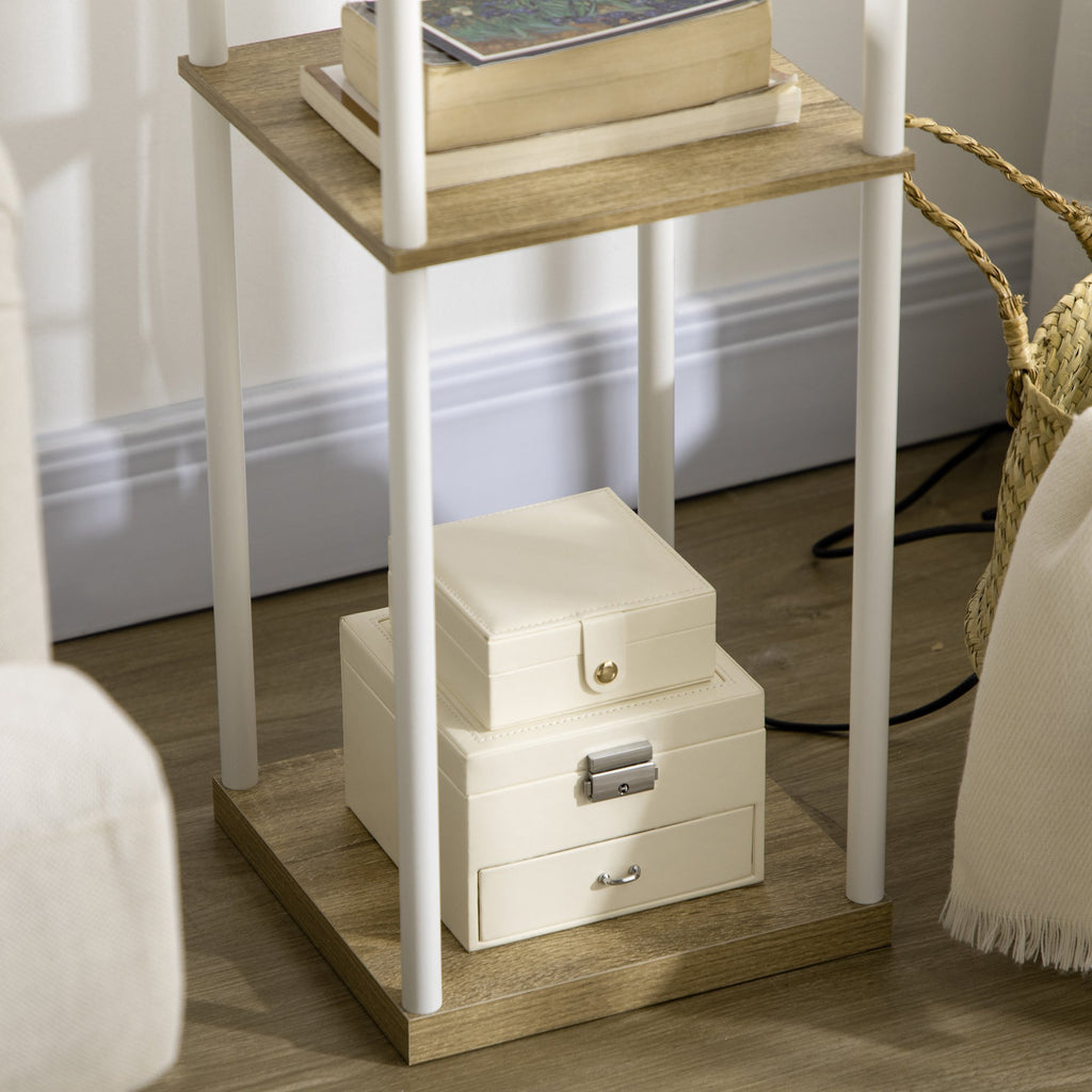 Candeeiro de Pé Moderno com Prateleiras Candeeiro de Pé para Sala de Estar Lâmpada E27 Máx. 40W com Ecrã de Tecido e Interruptor de Pé para Dormitório Escritório 26x26x159cm Branco e Madeira — foto 9