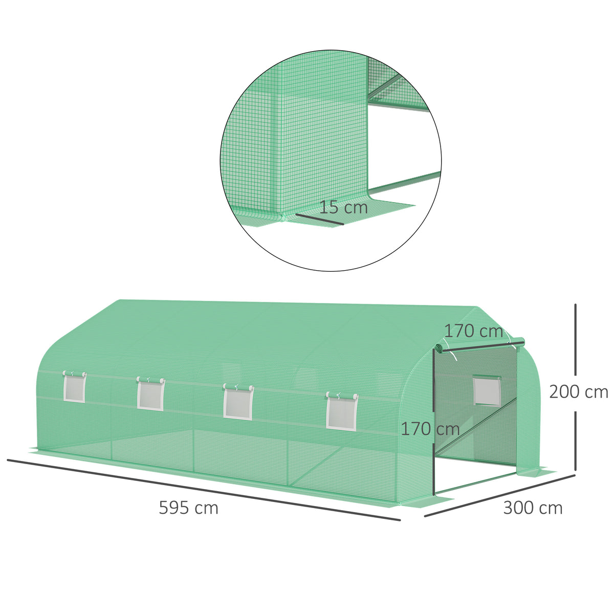 Estufa Tipo Túnel de Jardim 600x300x200cm para Cultivo de Plantas Verduras com 8 Janelas e Porta Enroláveis com Zíper Aço Verde — foto 3