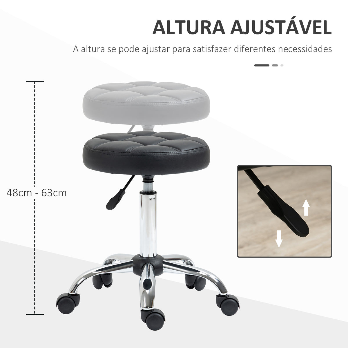 Banco Giratório com Rodas Altura Ajustável entre 48-63cm Banco de Trabalho Estofado em Couro PU para Salão Dentista Diâmetro Ø35,5cm Preto — foto 4