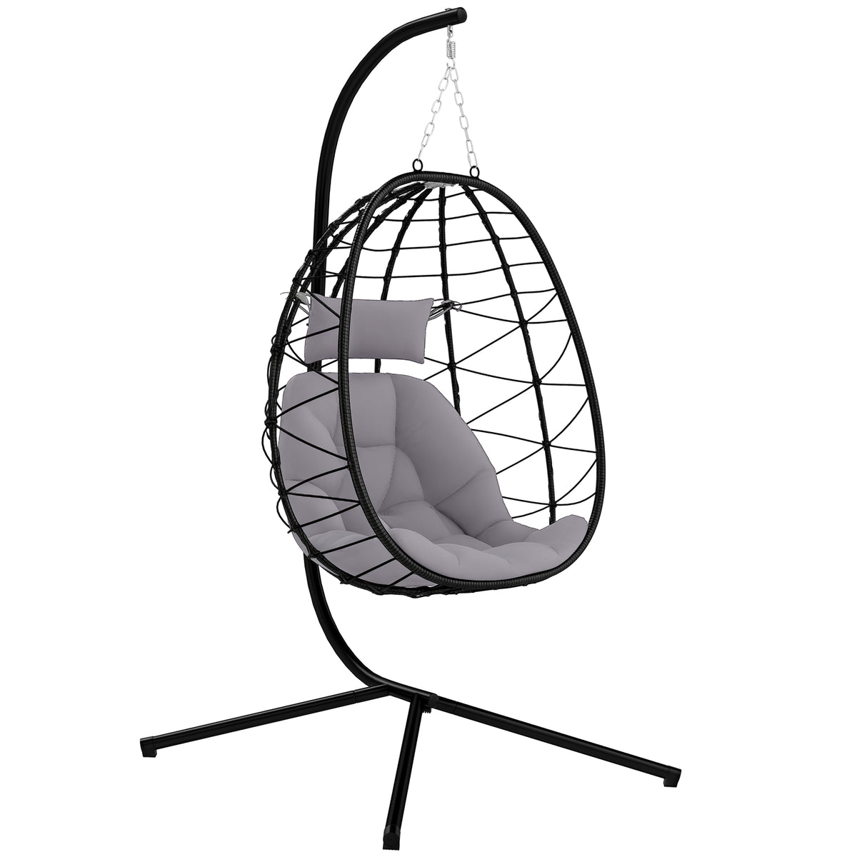 Cadeira Suspensa com Suporte Baloiço Jardim com Cesto Dobrável Almofada e Apoio de Cabeça Baloiço Suspenso para Interior e Exterior Carga 120 kg 98x95x198 cm Cinzento — foto 1