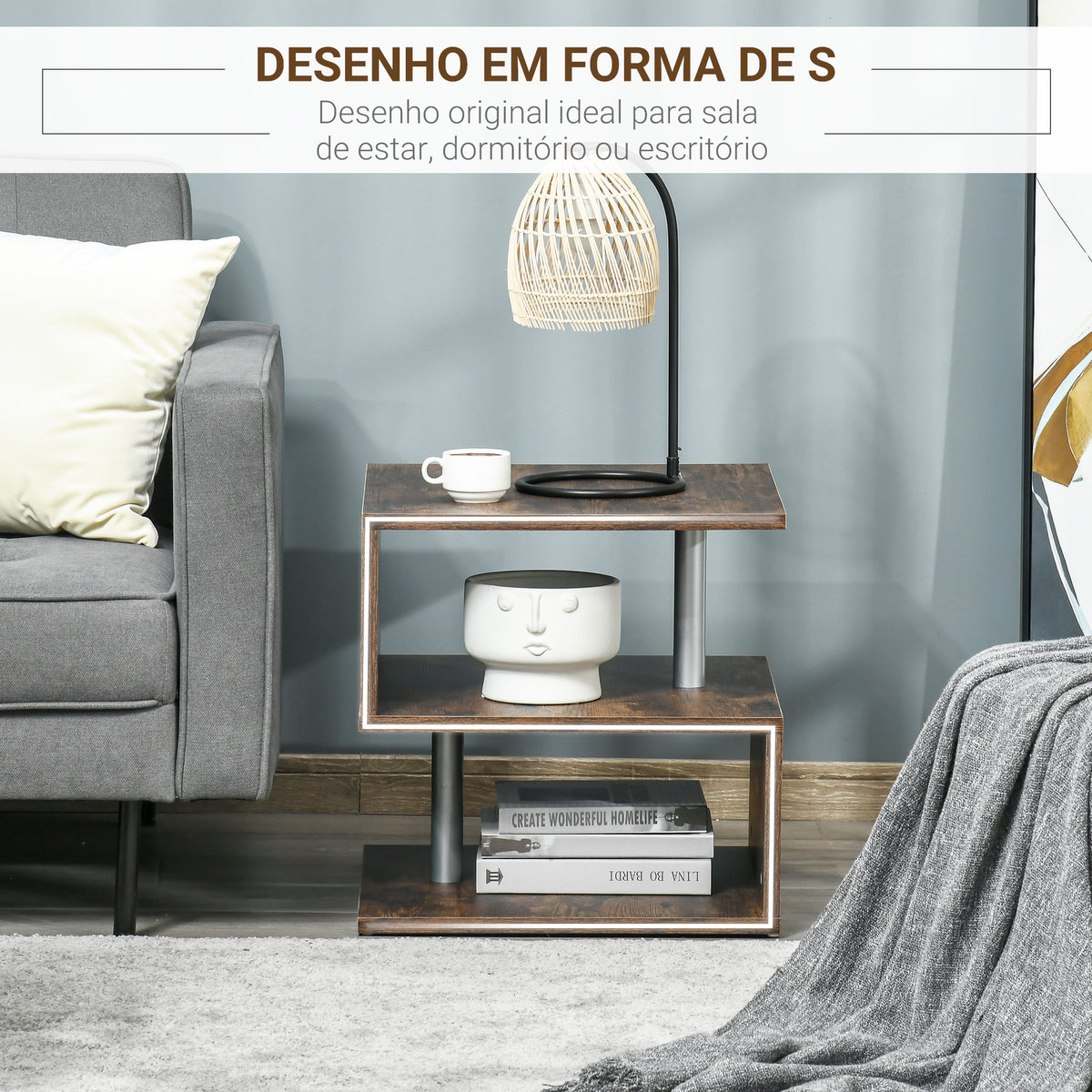 Mesa de apoio para sofá Mesa de centro para sala de estar Mesa de apoio estilo industrial em S com prateleiras em 3 níveis 48x48x48 cm Cor Madeira envelhecida — foto 4