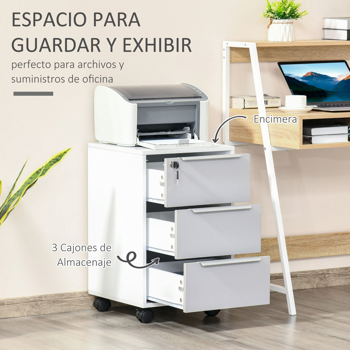 Bloco de Gavetas Móvel de Escritório com 3 Gavetas Fechadura Rodas e Travão para Documentos Arquivos 40x40x63,5 cm Branco e Cinza — foto 4