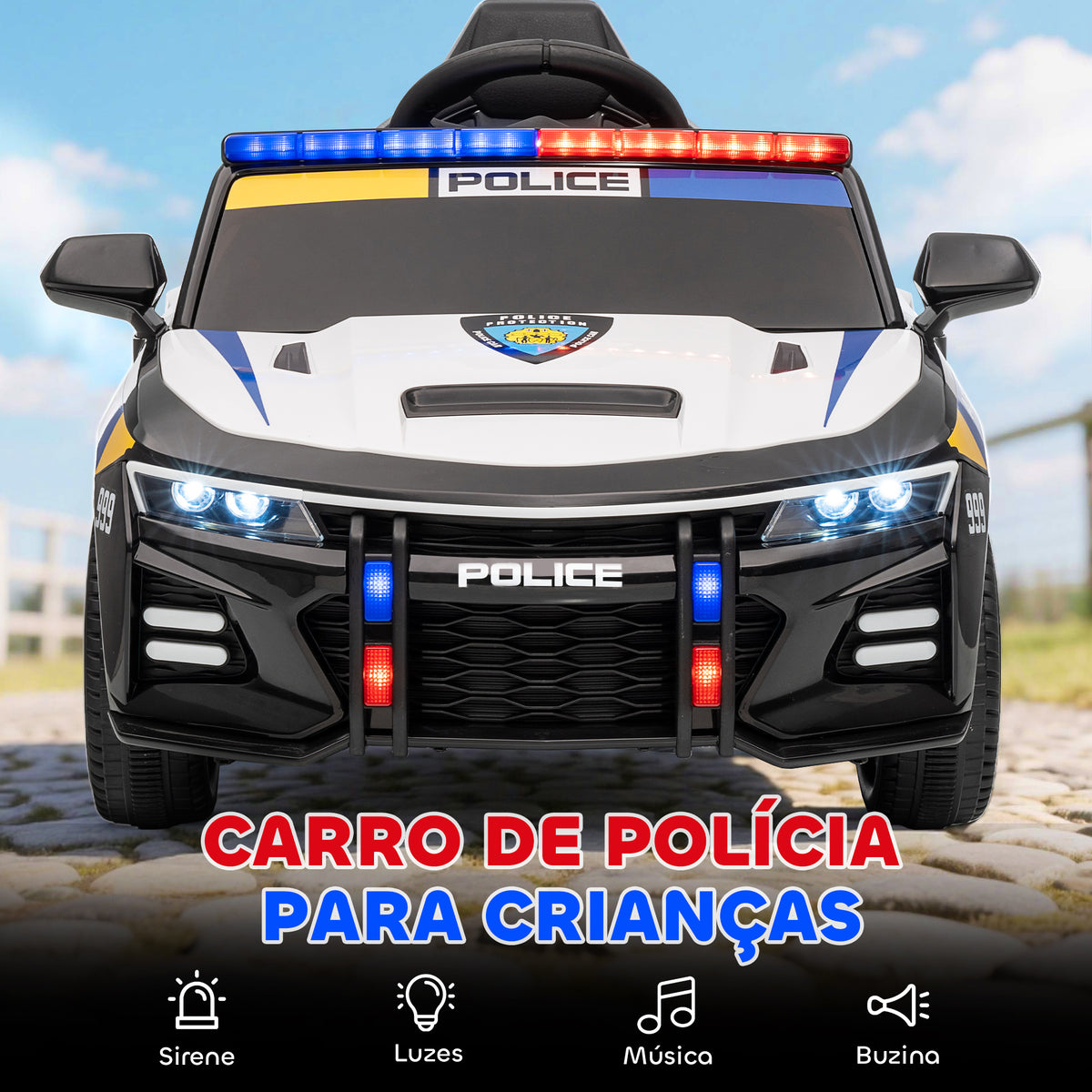 Carro Elétrico Infantil Modelo Policial 12V com Comando a Distância 2,4 Luzes Sirene Música USB e Suspensão 96x60x45 cm Multicor — foto 4