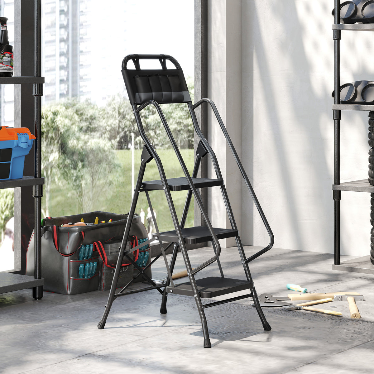 Escada Dobrável com 3 Degraus Escada de Metal com Apoio para os Braços e Suporte para Ferramentas Carga Máxima 150 kg 49x66x136 cm Preto — foto 2