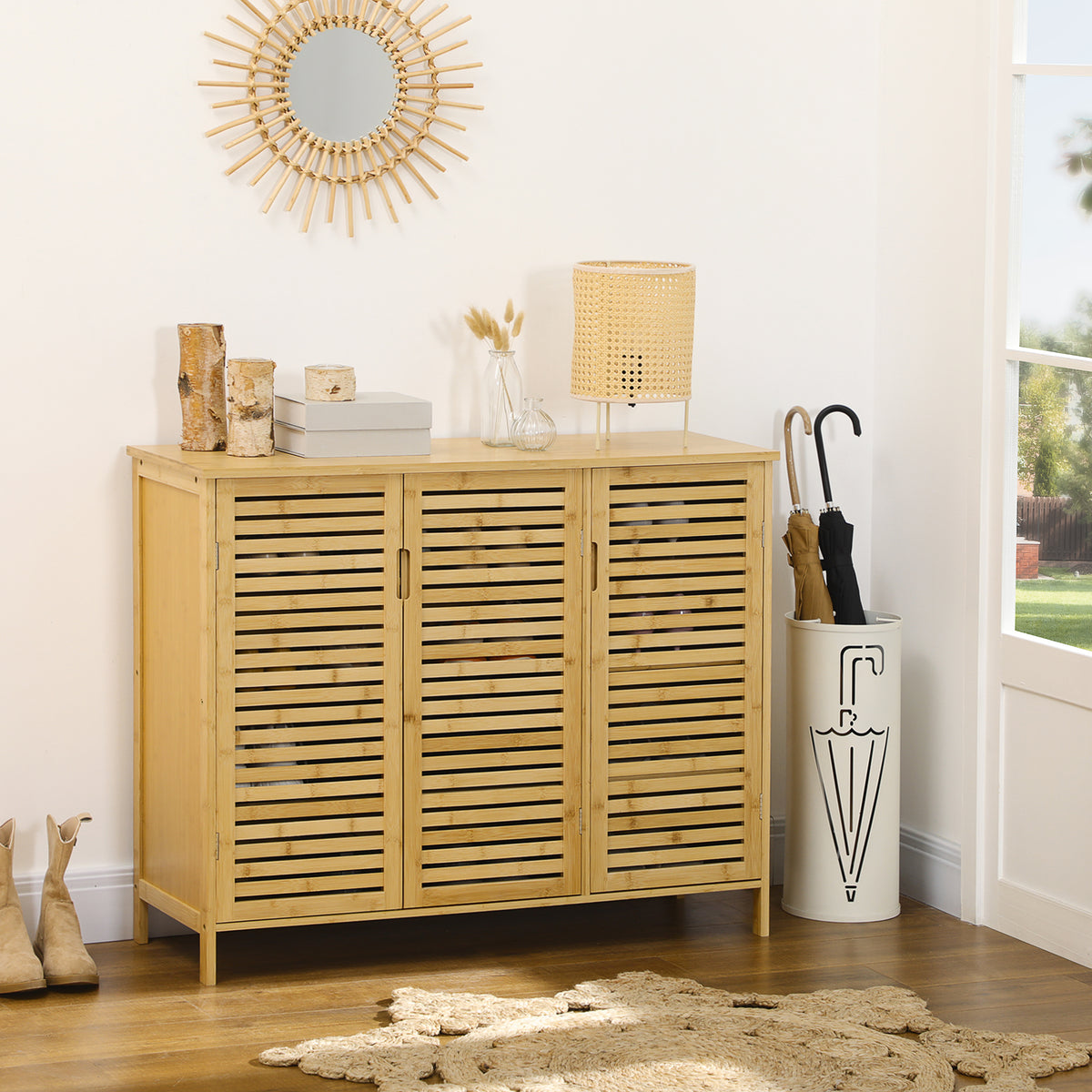 Sapateira de Entrada Armário Sapateira com 3 Portas de Persiana Prateleiras Ajustáveis para 16 Pares de Sapatos para Corredor Entrada 100x35x80 cm Natural — foto 2