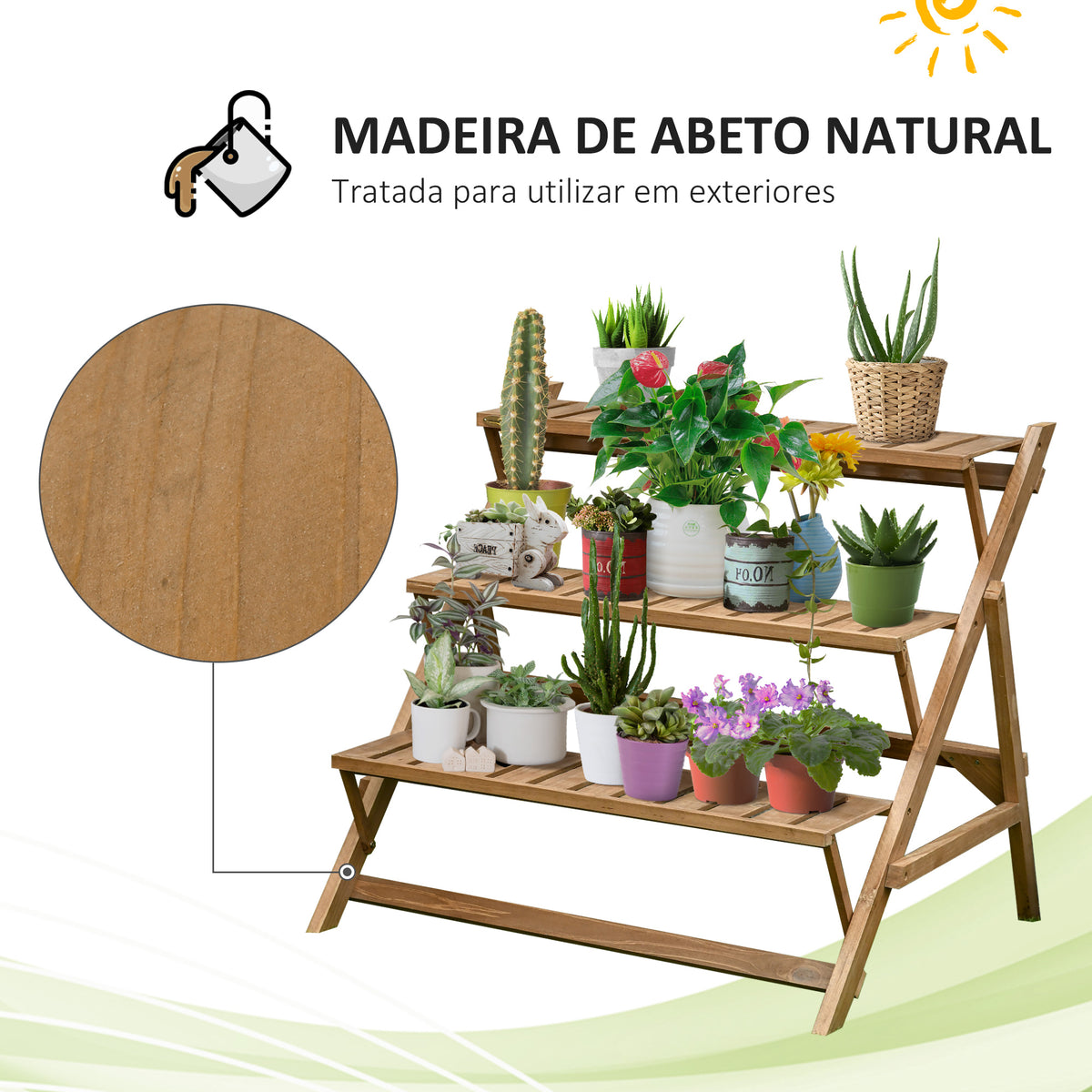 Suporte de Madeira para Plantas em Forma de Escada com 3 Prateleiras Dobrável Suporte de Vasos de Plantas para Decoração de Interiores e Exteriores 101x83x88cm Marrom — foto 4