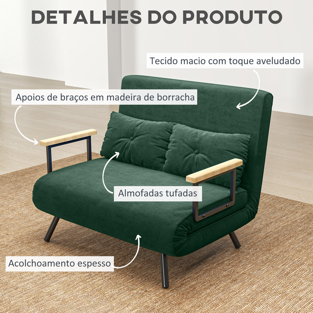 Sofá Cama Sofá Convertível em Cama de 2 Lugares Dobrável com Encosto Ajustável em 5 Níveis e 2 Almofadas Acolchoadas para Escritório Dormitório Sala de Estar 102x73x81 cm Verde — foto 6