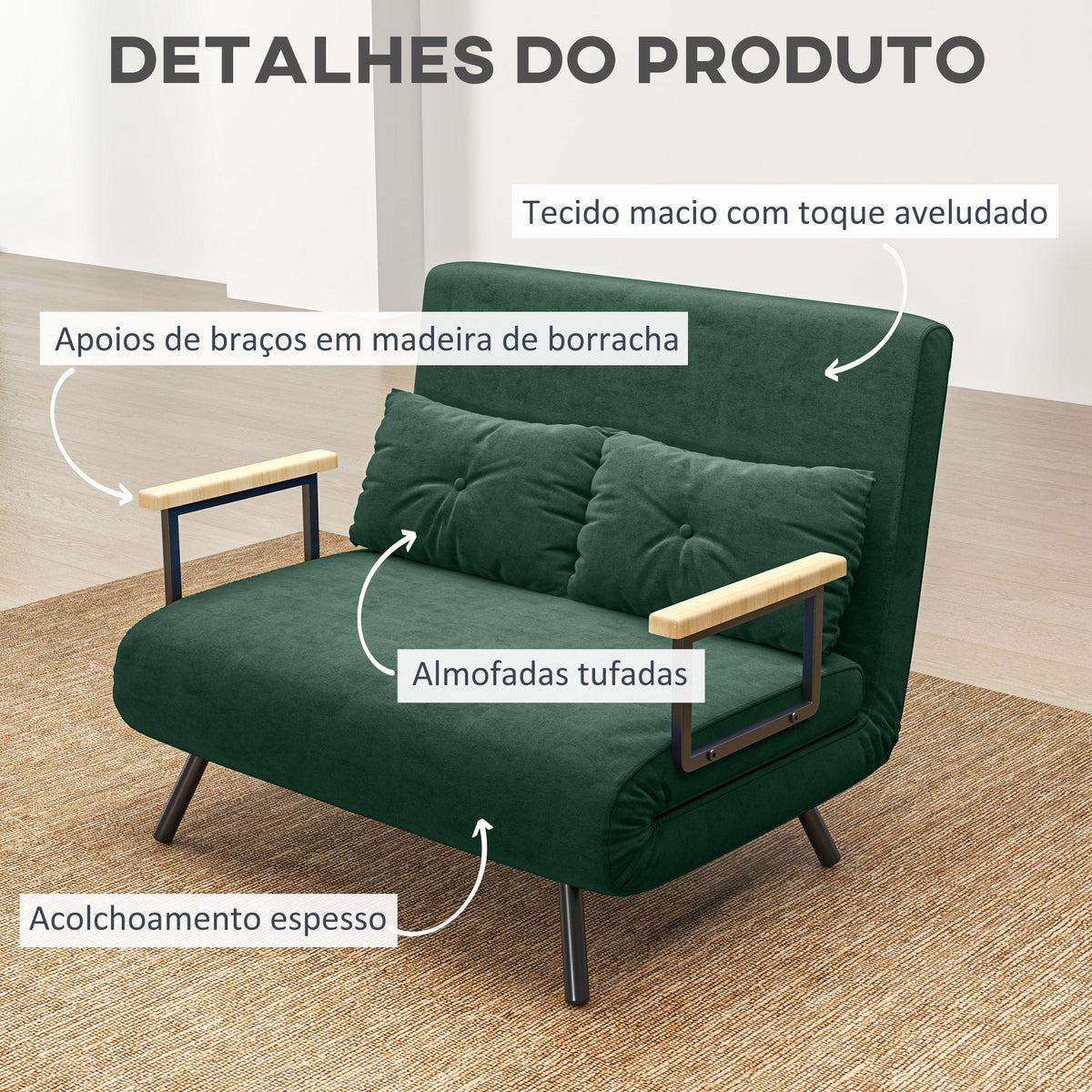 Sofá Cama Sofá Convertível em Cama de 2 Lugares Dobrável com Encosto Ajustável em 5 Níveis e 2 Almofadas Acolchoadas para Escritório Dormitório Sala de Estar 102x73x81 cm Verde — foto 6