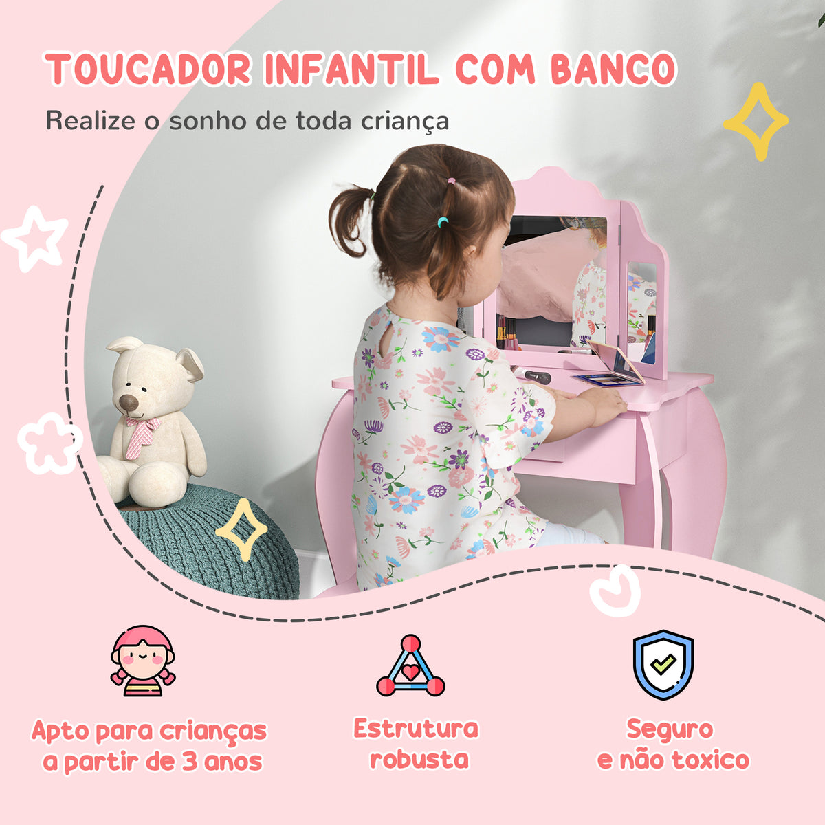 Toucador Infantil de Madeira com Banco e Espelho de Acrílico de 2 Seções Mesa de Maquilhagem Infantil com Gaveta para Dormitório Sala de Jogos 63x40x85,5 cm Rosa — foto 4