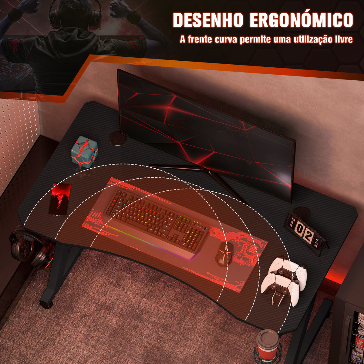 Secretária Gaming 120x65x74,5cm Secretária Gaming para Computador com Suporte para Copos Gancho para Fones de Ouvido e Pés Ajustáveis com Efeito de Fibra de Carbono Preto — foto 4