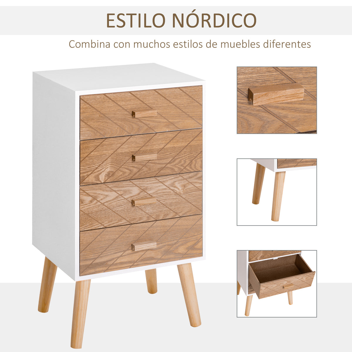 Mesa de Cabeceira com 4 Gavetas Mesa de Cabeceira com Espaço de Armazenamento para Dormitório 40x30x75 cm Branco e Madeira — foto 4