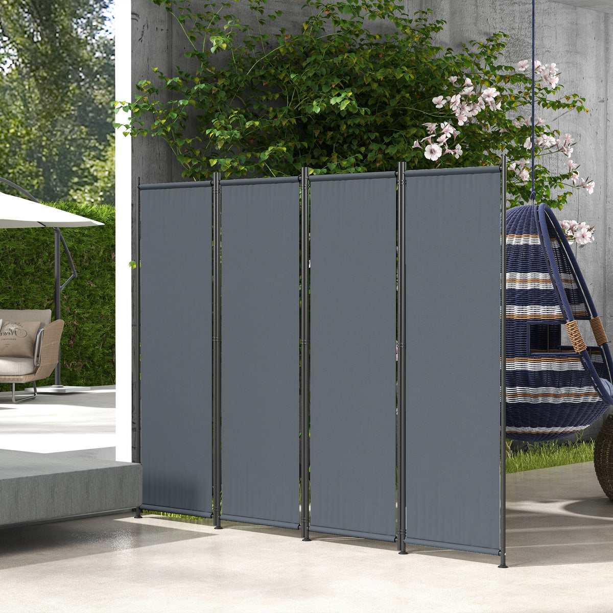 Biombo Separador de Ambientes de 4 Painéis Biombo Dobrável 223x170 cm com Pés Largos Biombo Exterior para Terraço Pátio Jardim Cinza Escuro — foto 2