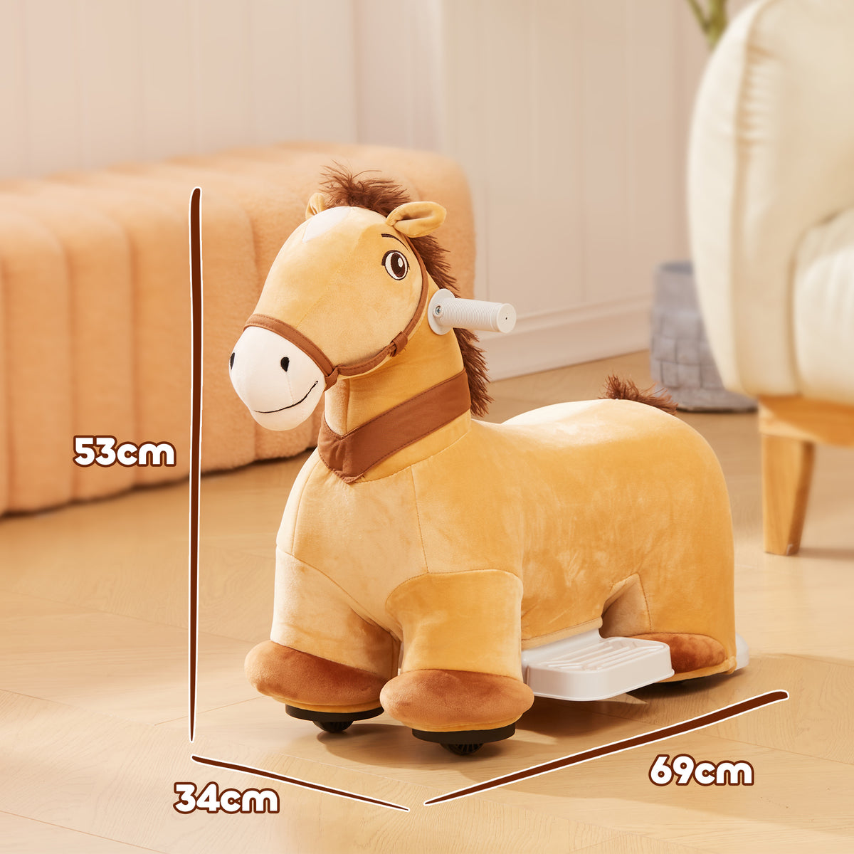 Cavalo Elétrico para Crianças de 18 a 36 Meses Cavalo de Brincar Elétrico com Bateria 6V Rodas e Música Carga 25 kg 69x34x53 cm Marrom — foto 3