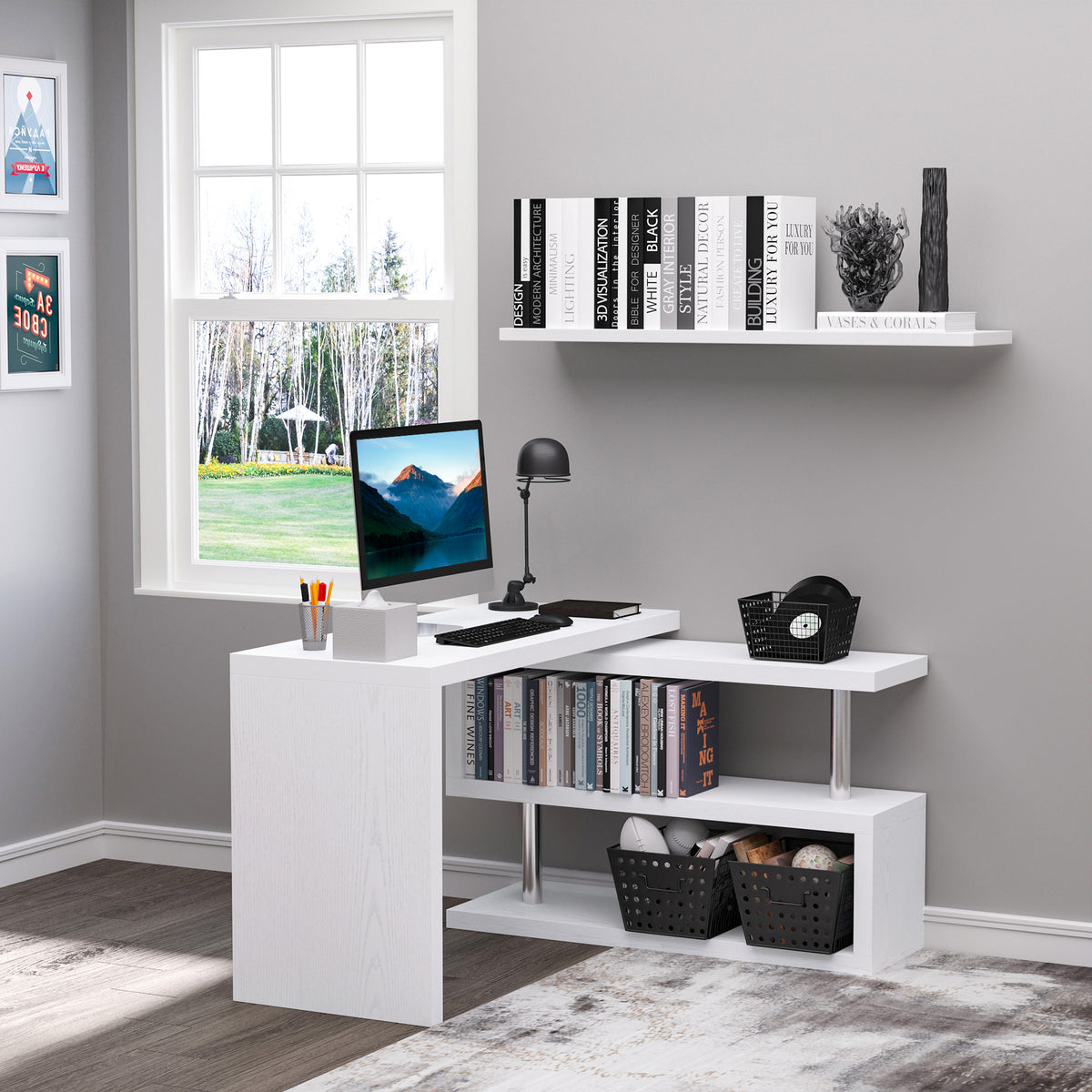Secretária de Canto Giratória 360º Secretária em Forma de L com Prateleiras para Escritório Casa 114x120x76,1cm Branco — foto 2