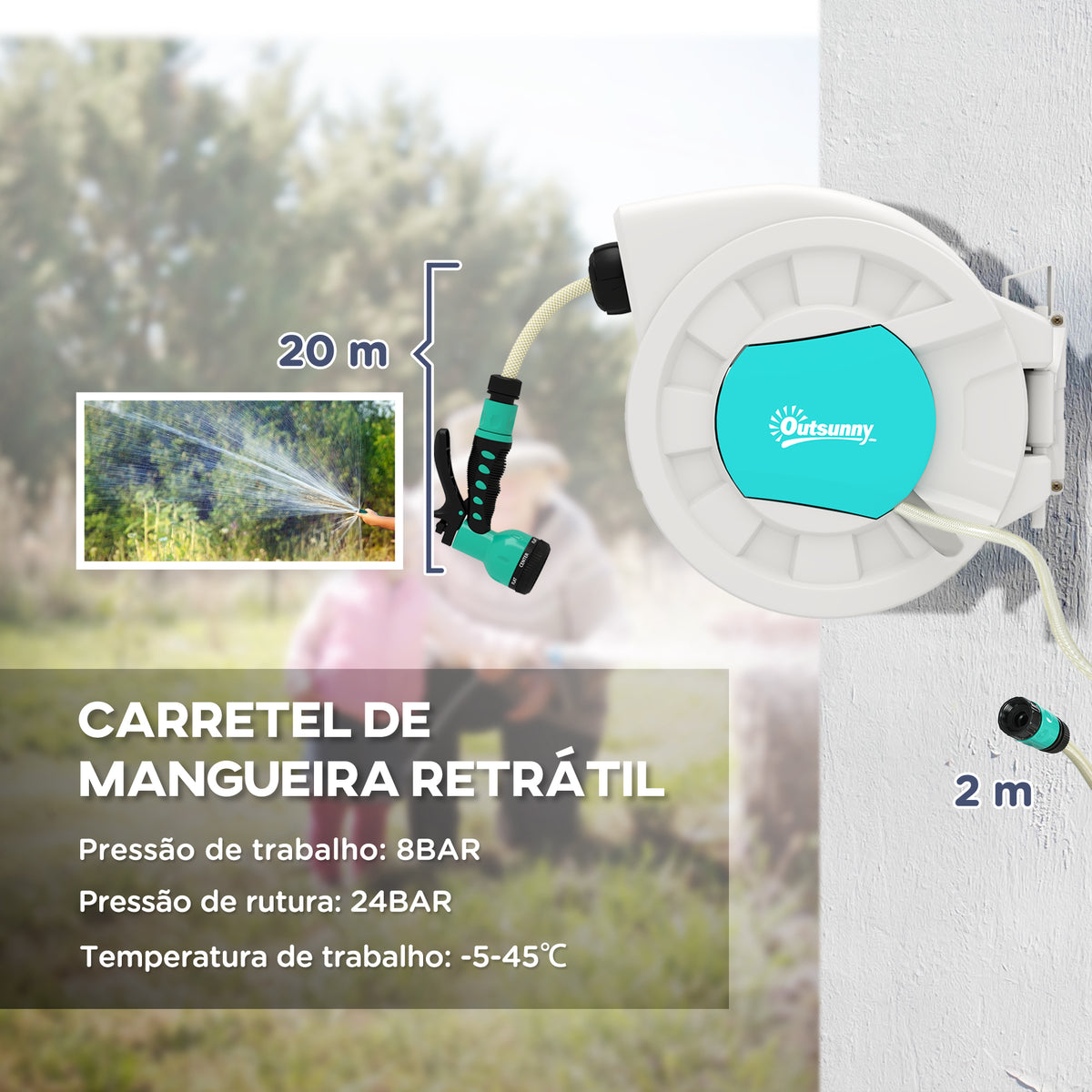 Carretel de Mangueira para Jardim 20+2 m Carretel de Mangueira Retrátil de Parede com 7 Bocais Função de Bloqueio Retorno Automático e Giro de 180° Cinza Claro — foto 4