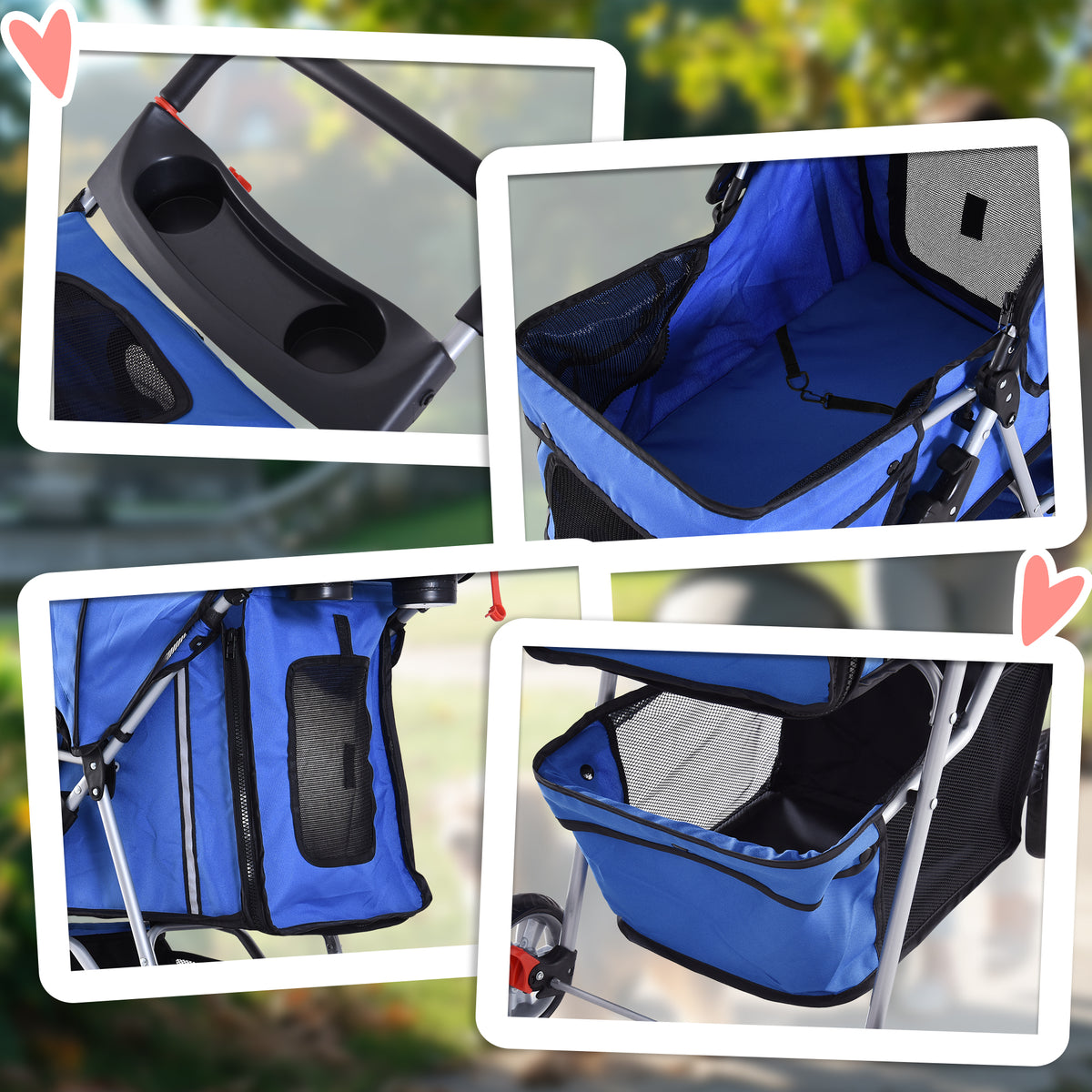Carrinho para Cães Dobrável, Coche para Cães Pequenos com Cesta de Armazenamento, Janelas de Rede, Suporte para Copos, Rodas EVA, Almofada Lavável, Travões, Carga 10 kg, 75x45x97 cm, Azul — foto 8
