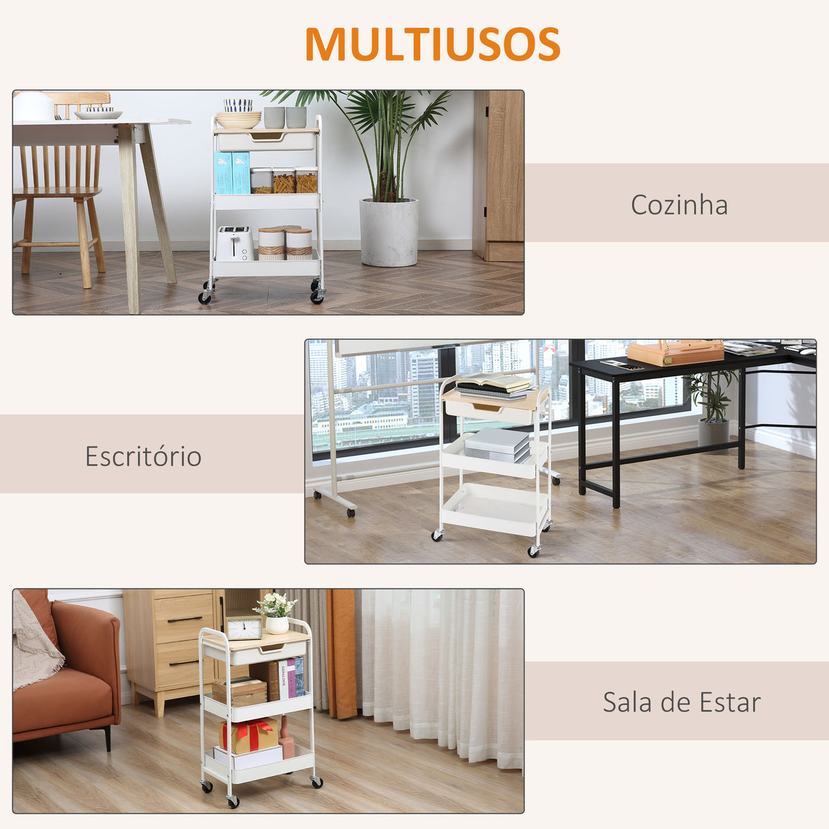 Carrinho de Cozinha com Rodas Carrinho de Armazenamento com Gaveta 2 Prateleiras e Rodas com Freios para Casa de Banho Sala de Estar Dormitório 43,9x30,5x75,6cm Branco e Madeira Natural — foto 7