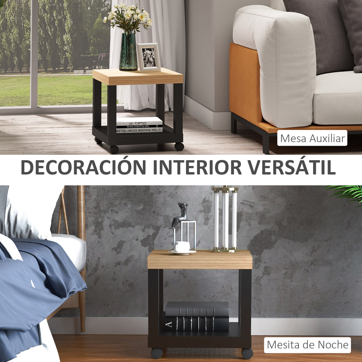 Mesa Auxiliar com Rodas Mesa Auxiliar com Prateleira Aberta para Sofá Dormitório 40x40x40 cm Branco e Madeira Preto e Madeira — foto 4