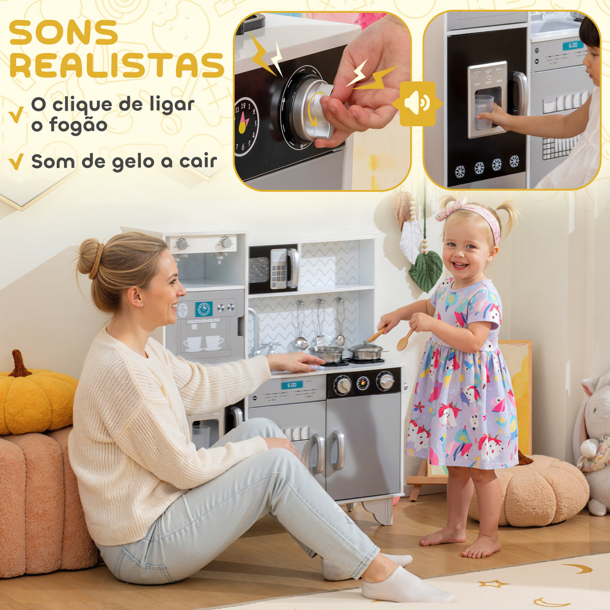 Cozinha de Madeira com Som Cozinha Infantil com Acessórios em Aço Inoxidável Micro-Ondas, Máquina de Gelo Cafeteira, Máquina de Lavar Loiça para Crianças a partir dos 3 Anos 79,5x24x83,8 cm Branco — foto 4