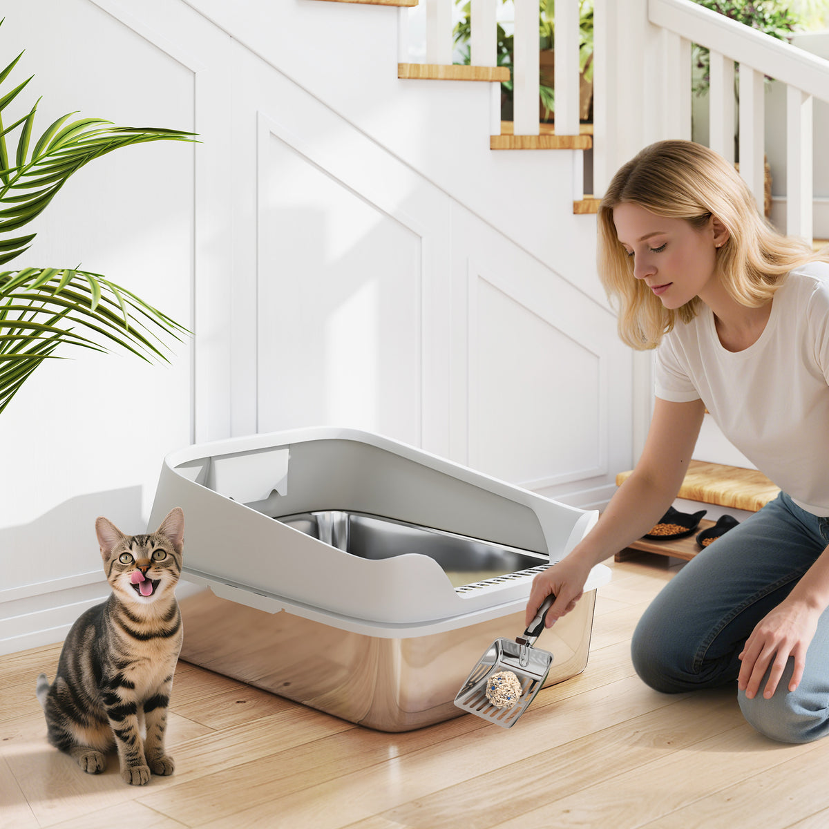 Caixa de Areia para Gatos em Aço Inoxidável XXL Caixa de Areia para Gatos com Borda Alta Pá Fácil de Limpar À Prova de Fugas 70x50x30 cm Cinzento — foto 2