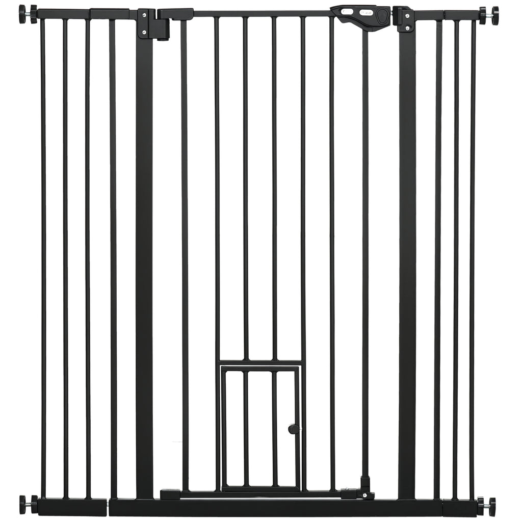 Barreira de Segurança para Cães com Porta Pequena Barreira para Animais de Estimação Extensível com Fechamento Automático e Sistema Duplo de Bloqueio 74-101x104,1 cm Preto — foto 1