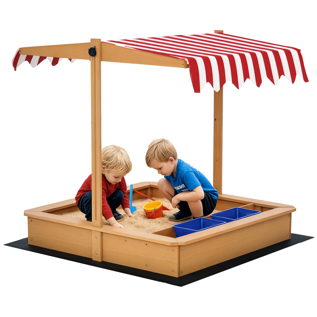Caixa de Areia de Madeira com Teto Inclinável com Altura Ajustável e 2 Baldes de Plástico Caixa de Areia de Jardim para Crianças acima de 3 Anos 107,5x107,5x110cm Natural — foto 1