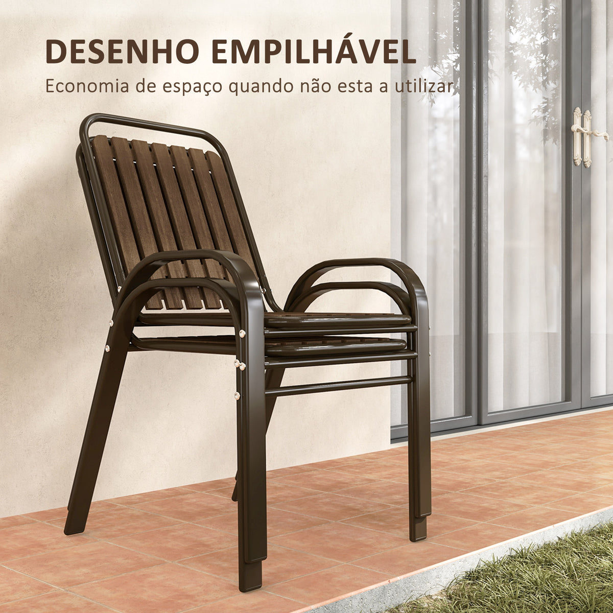 Conjunto de Jardim de 3 Peças Conjunto de Móveis de Exterior com 2 Cadeiras Empilháveis Mesa com Bancada de Vidro Temperado e Estrutura de Aço para Pátio Varanda Marrom Escuro — foto 5