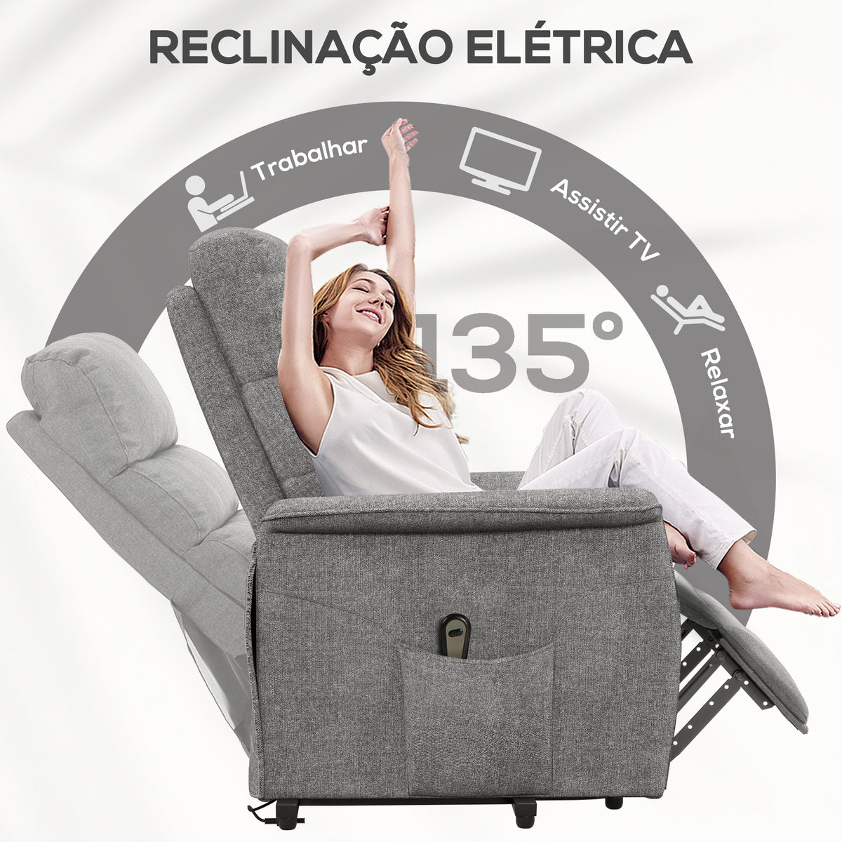 Poltrona Relax Reclinável Elétrica Poltrona Levanta Pessoas com Controlo Remoto e Bolso Lateral Poltrona Elétrica para Sala de Estar Dormitório 66x90x96 cm Cinza — foto 5