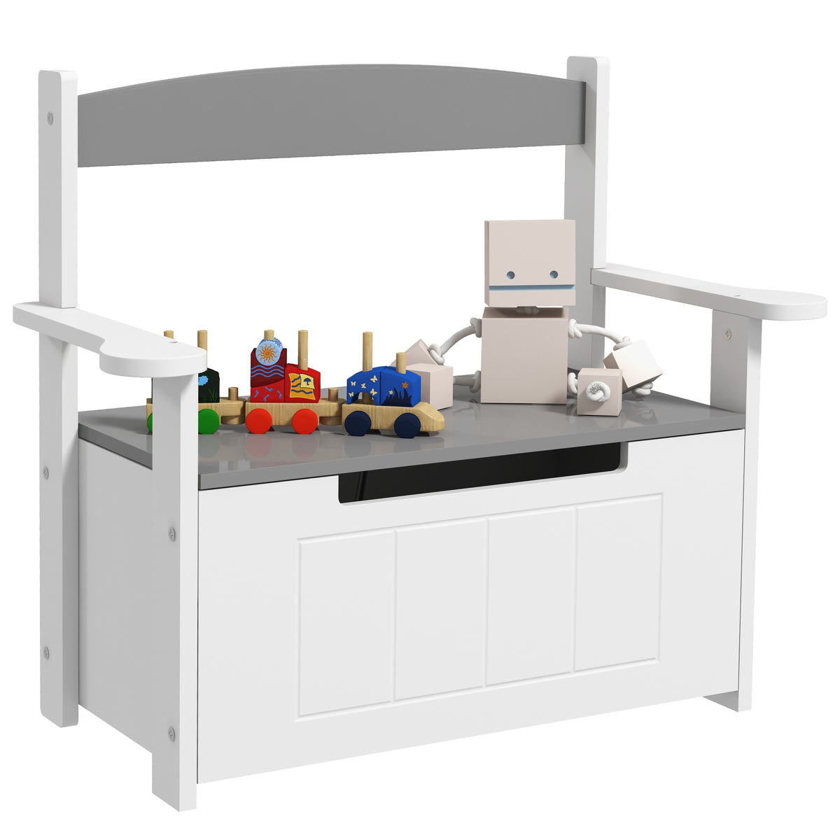 Baú de Brinquedos Infantil Banco de Armazenamento para Crianças com Encosto e Tampa Amortecida Suporta 30 kg para Salas de Jogos Quarto 68,5x34x58 cm Cinza e Branco — foto 1