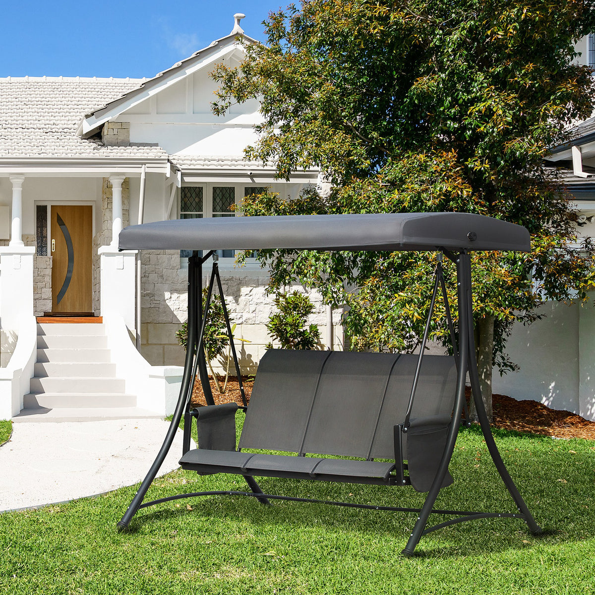 Baloiço de 3 Lugares para Jardim ou Varanda com Toldo Ajustável e Bolsos Laterais 196x128x172 cm Cinzento Escuro — foto 2