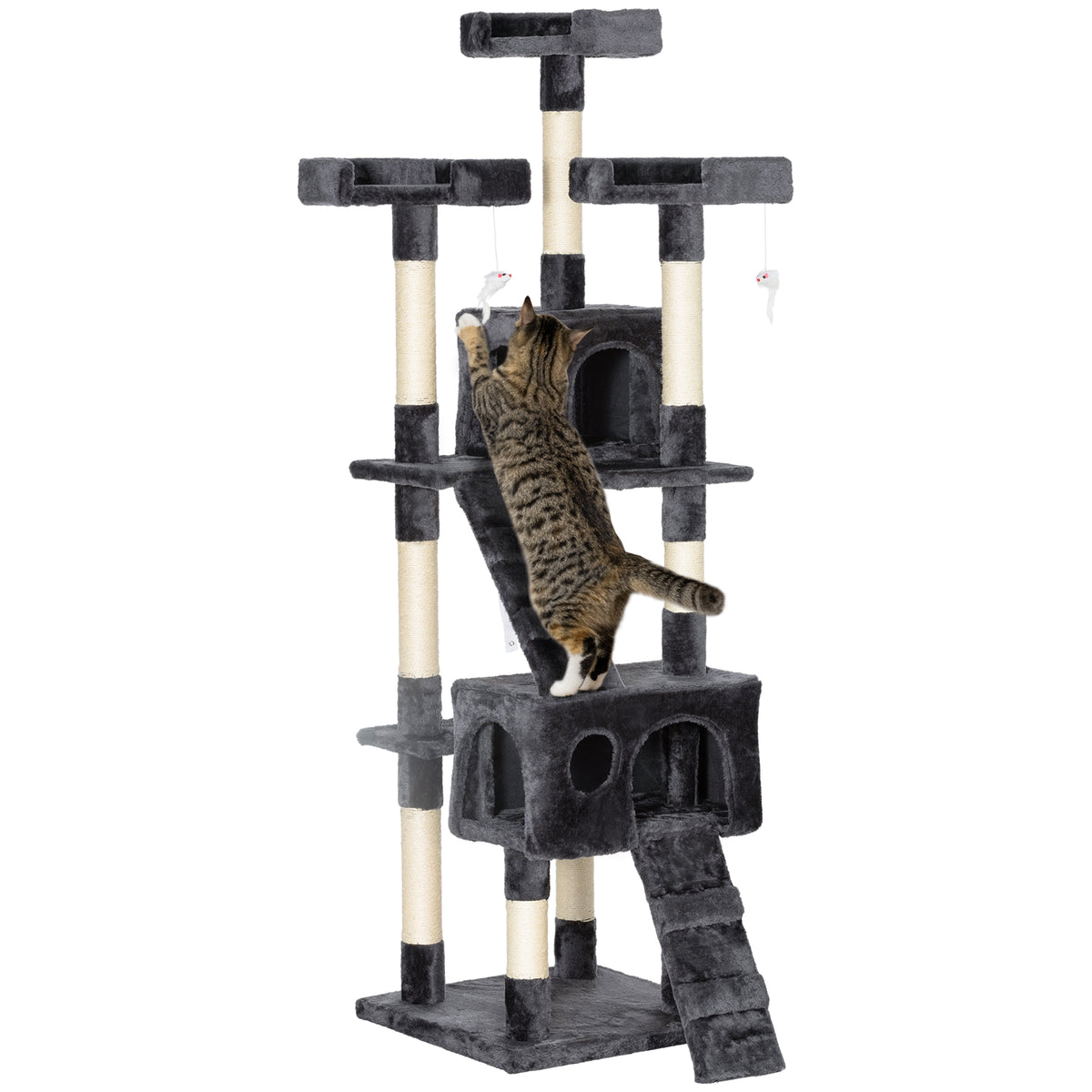 Arranhador para Gatos Grande 49x49x173 cm com Múltiplos Níveis Cavernas Brinquedos Suspensos Centro de Atividades de Sisal Cinza — foto 1