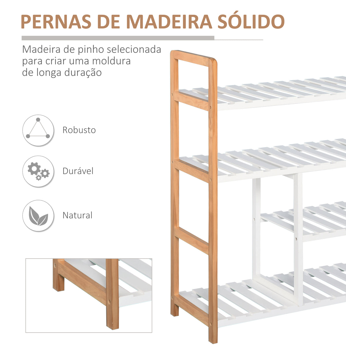 Sapateira multiuso com 4 níveis Máximo 11 pares com compartimento para botas altas Prateleira para sapatos Madeira maciça de pinho 68x26x78 cm Branco — foto 6