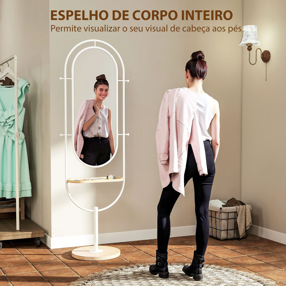 Espelho de Pé 50x175,5 cm Espelho de Corpo Inteiro com Bandeja de Madeira 4 Ganchos e Estrutura de Metal para Sala de Estar Quarto 50x40x175,5 cm Branco — foto 4