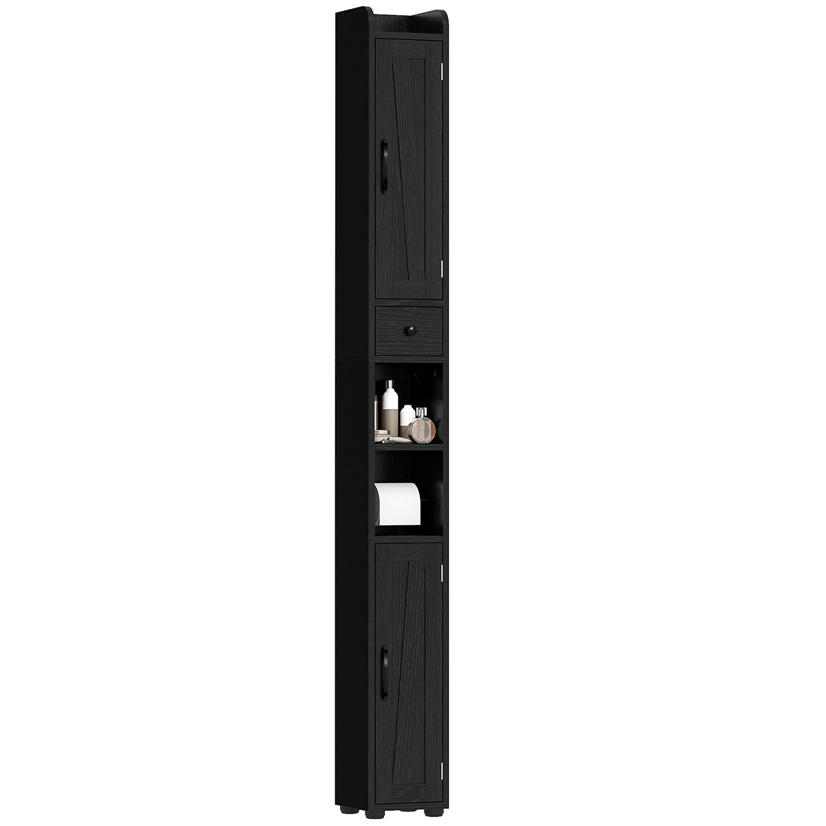 Coluna Casa de Banho Móvel Casa de Banho com 2 Portas gaveta Compartimento Aberto Prateleiras Ajustáveis e Suporte para Papel Higiênico Armário Casa de Banho Rústico 20x20x185 cm Preto — foto 1