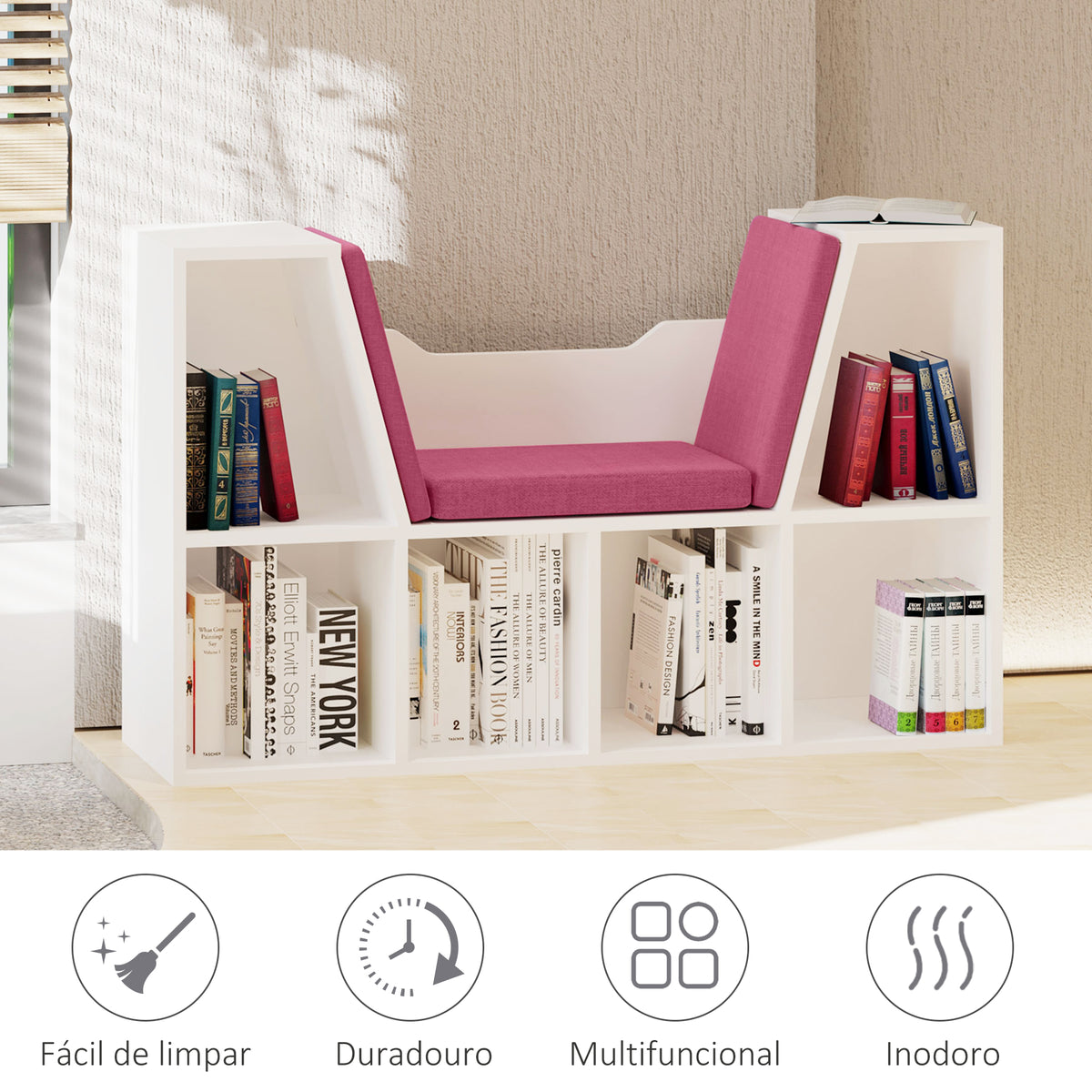 Estante Infantil com Assento Estante com 6 Cubos e Banco com Almofada 102x30x61cm Branco e Rosa — foto 7