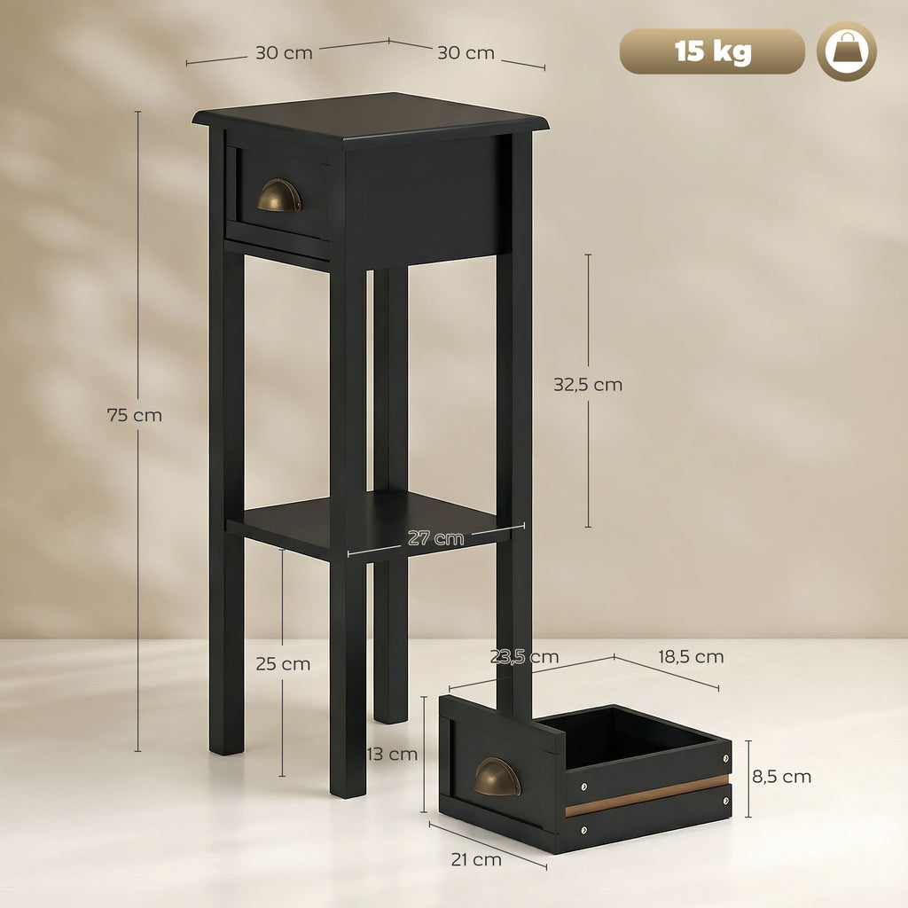 Mesa Auxiliar Mesa de Cabeceira com Gaveta e Prateleira de Armazenamento Estilo Moderno para Sala de Estar Dormitório 30x30x75 cm Preto — foto 3