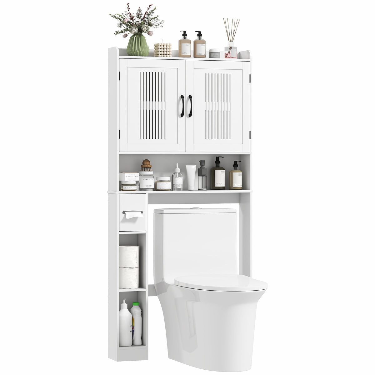Armário sobre Sanita Móvel sobre Sanita com Prateleira Ajustável 2 Portas Suporte para Papel Higiênico e Prateleiras Abertas Armário para Máquina de Lavar 80x19,5x170 cm Branco — foto 1