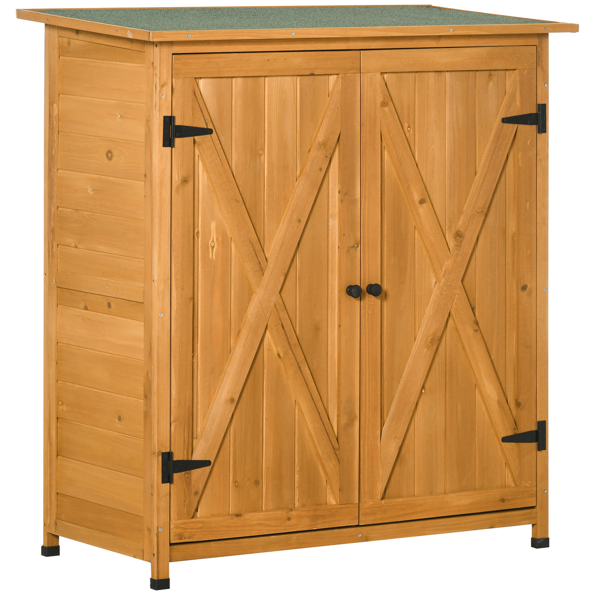 Armário de Jardim de Madeira 110x55x117cm 0,45m² Armário de Armazenamento de Ferramentas com Teto Asfáltico 3 Prateleiras 2 Portas para Exterior Terraço Madeira — foto 1