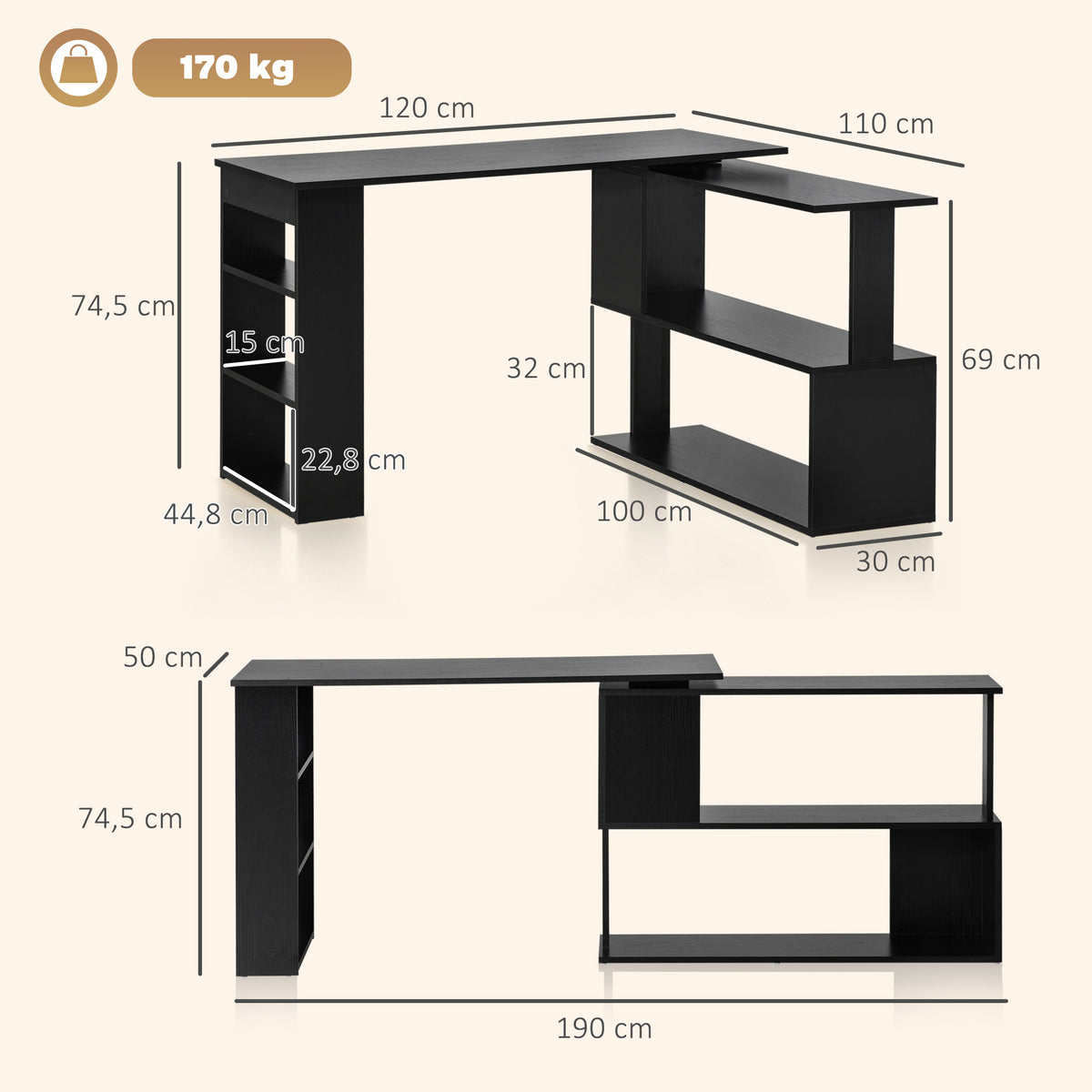 Mesa de Computador Secretária Mesa de Canto Giratória 360° com 5 Prateleiras para Casa Escritório Preto — foto 3